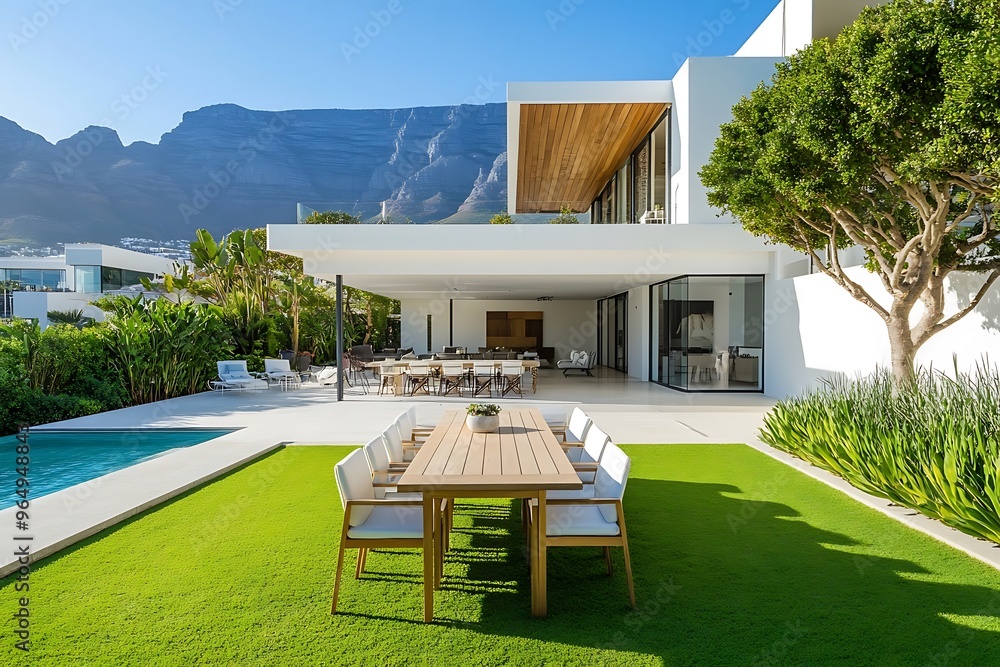 Fototapeta premium Dining area next to modern house and swimming pool.