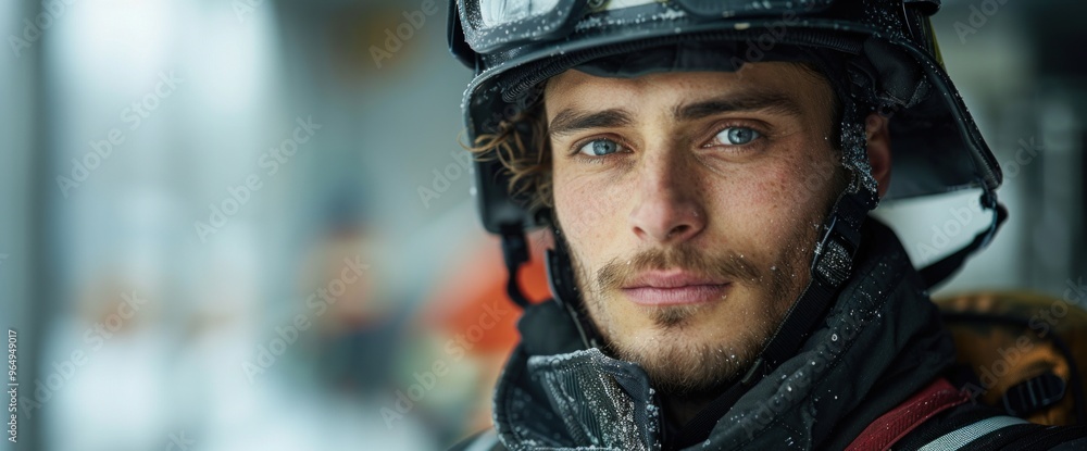 A man in a helmet and a black jacket is looking at the camera A man in a helmet and a black jacket is looking at the camera