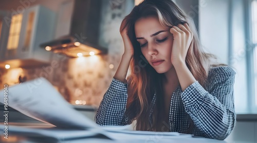 A young woman appears stressed while reviewing papers in a cozy kitchen, illustrating the challenges of work and study. photo