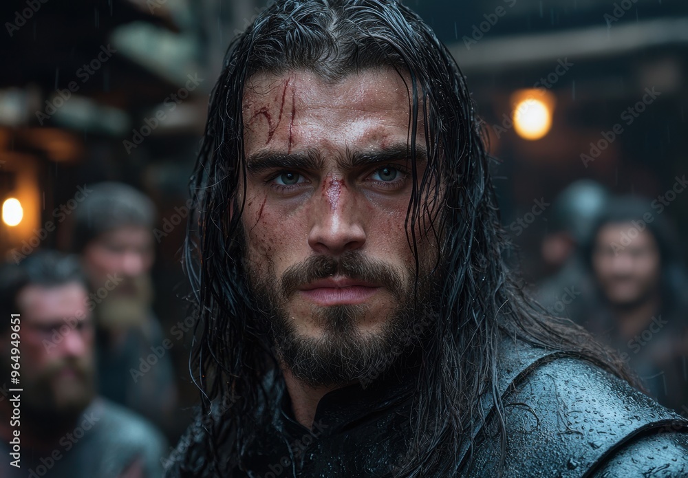 Rugged warrior with battle scars and intense gaze Rugged warrior with battle scars and intense gaze