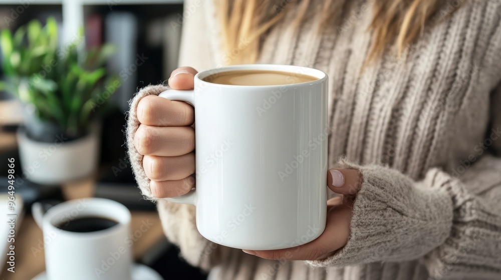 Invigorating Espresso Break in Office Setting - Person Holding 11oz Coffee Mug Filled with Hot Beverage Invigorating Espresso Break in Office Setting - Person Holding 11oz Coffee Mug Filled with Hot Beverage