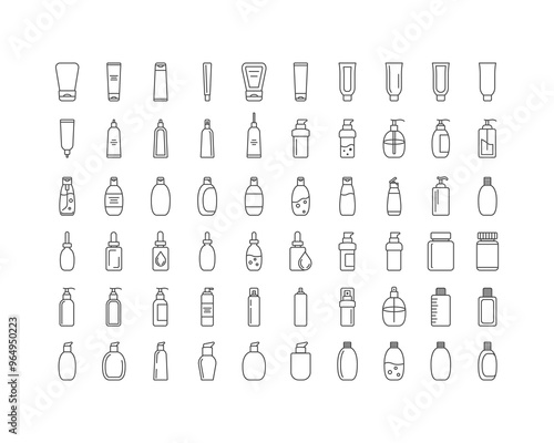 Collection vector icons of beauty, cosmetics and care. Bottle, jar, shower gel, face cream, body lotion, spray, ointment, paste.
