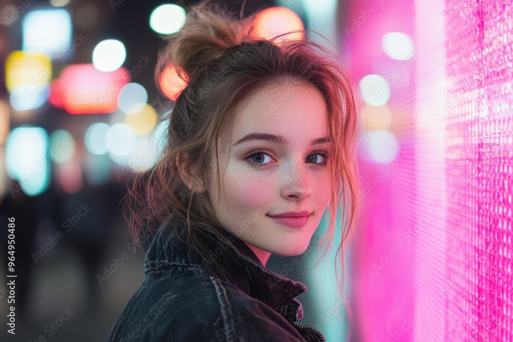 Stylish young woman with pink hair in city at night Stylish young woman with pink hair in city at night