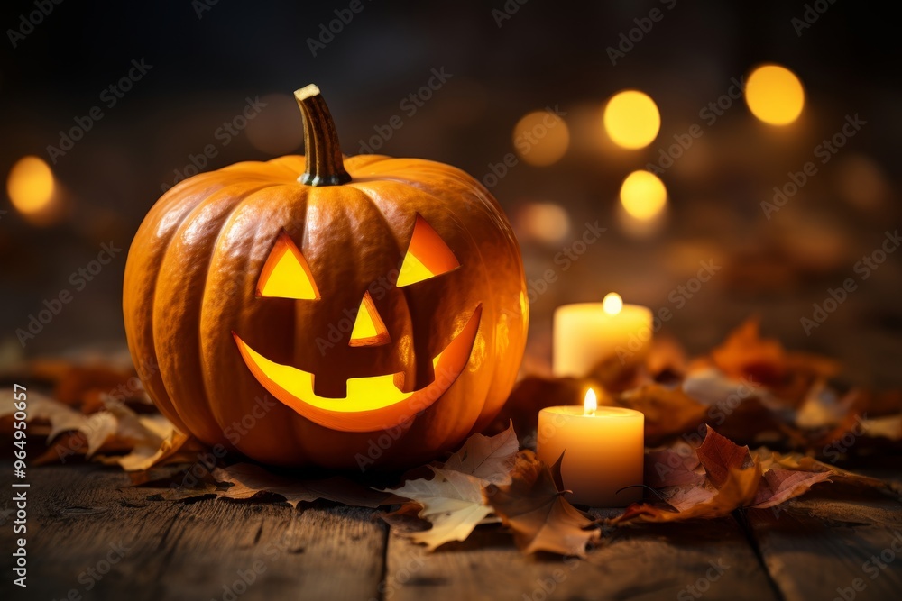 Festive halloween display featuring colorful pumpkins and lively autumn leaves for store front Festive halloween display featuring colorful pumpkins and lively autumn leaves for store front
