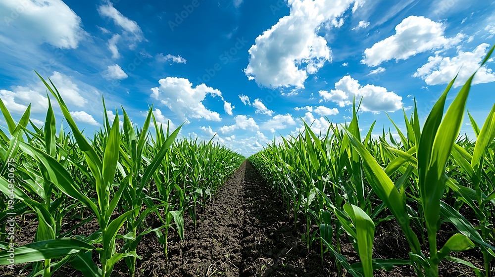 A green trail meanders through a cornfield under a sky filled with puffy clouds. A green trail meanders through a cornfield under a sky filled with puffy clouds.