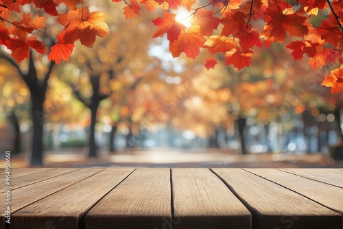 Empty wood table top and blurred autumn tree and red leaf background - can used for display or montage your products , ai