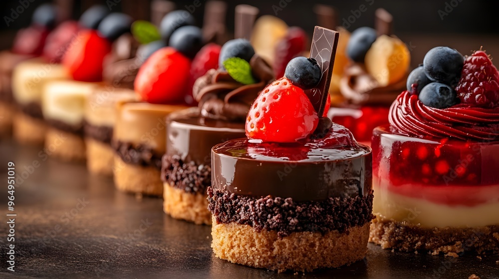 An enticing display of gourmet mini cakes topped with fresh fruits and rich chocolate, perfect for dessert lovers and celebrations. An enticing display of gourmet mini cakes topped with fresh fruits and rich chocolate, perfect for dessert lovers and celebrations.