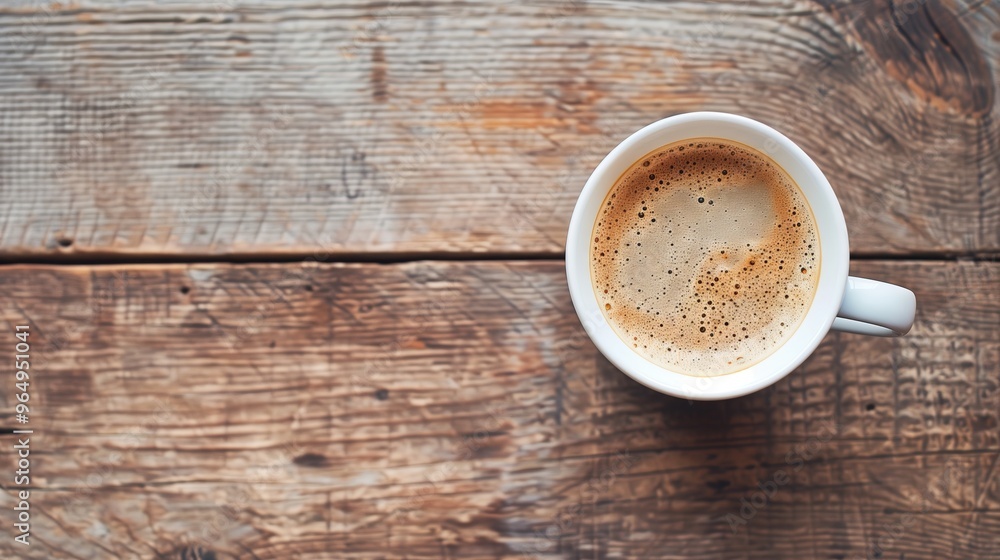 Top View of Coffee Cup on Wooden Table - Rustic Morning Coffee Scene Top View of Coffee Cup on Wooden Table - Rustic Morning Coffee Scene