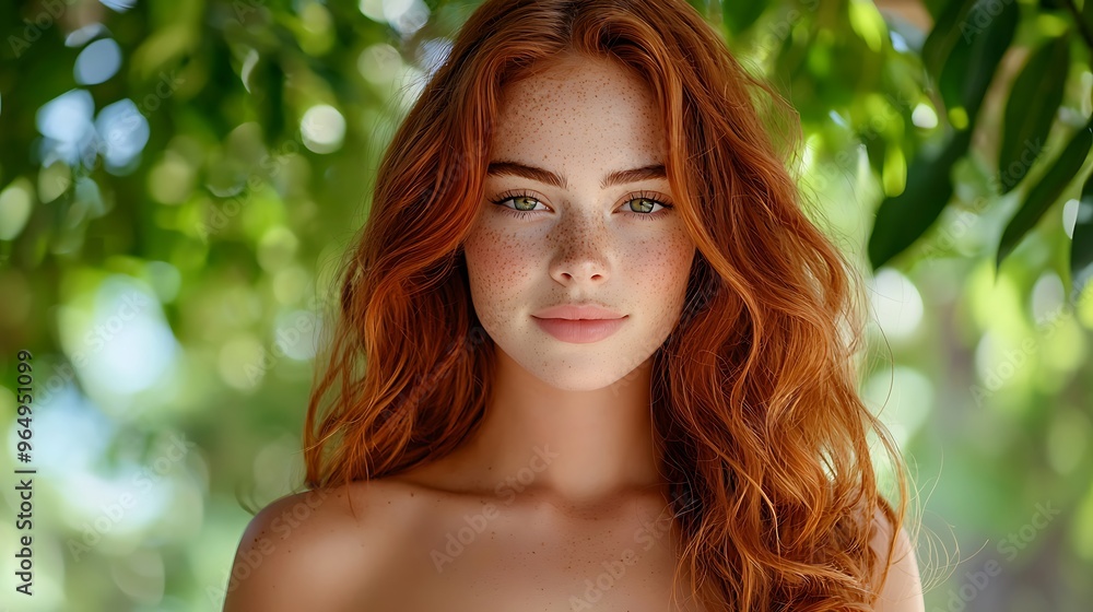 Fototapeta premium A young woman with red hair and freckles radiates natural beauty in a green setting.