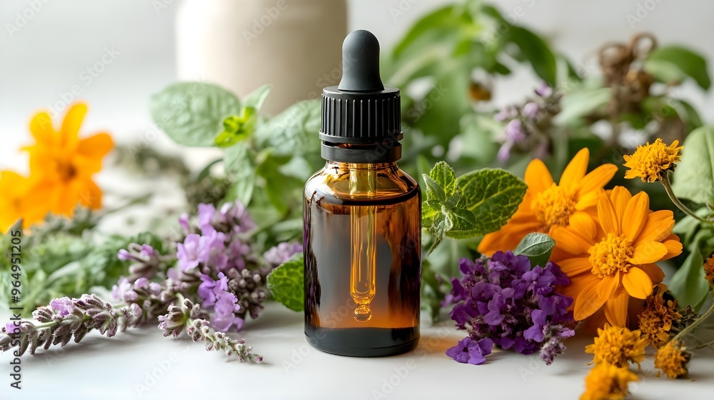 Aromatic essential oil bottle surrounded by fresh herbs and vibrant flowers, perfect for wellness and natural beauty. Aromatic essential oil bottle surrounded by fresh herbs and vibrant flowers, perfect for wellness and natural beauty.