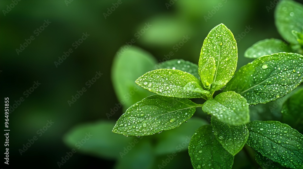 Close-up of fresh green leaves covered with droplets of water, showcasing natural beauty and vitality in a serene setting. Close-up of fresh green leaves covered with droplets of water, showcasing natural beauty and vitality in a serene setting.