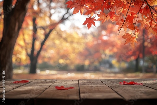 Empty wood table top and blurred autumn tree and red leaf background - can used for display or montage your products , ai