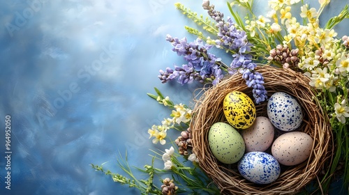 Colorful Easter eggs nestled in a nest surrounded by blooming flowers, perfect for spring celebrations and holiday decorations. photo