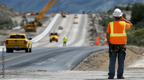 Construction worker directs traffic on a road site, ensuring safety while heavy machinery operates in the background.