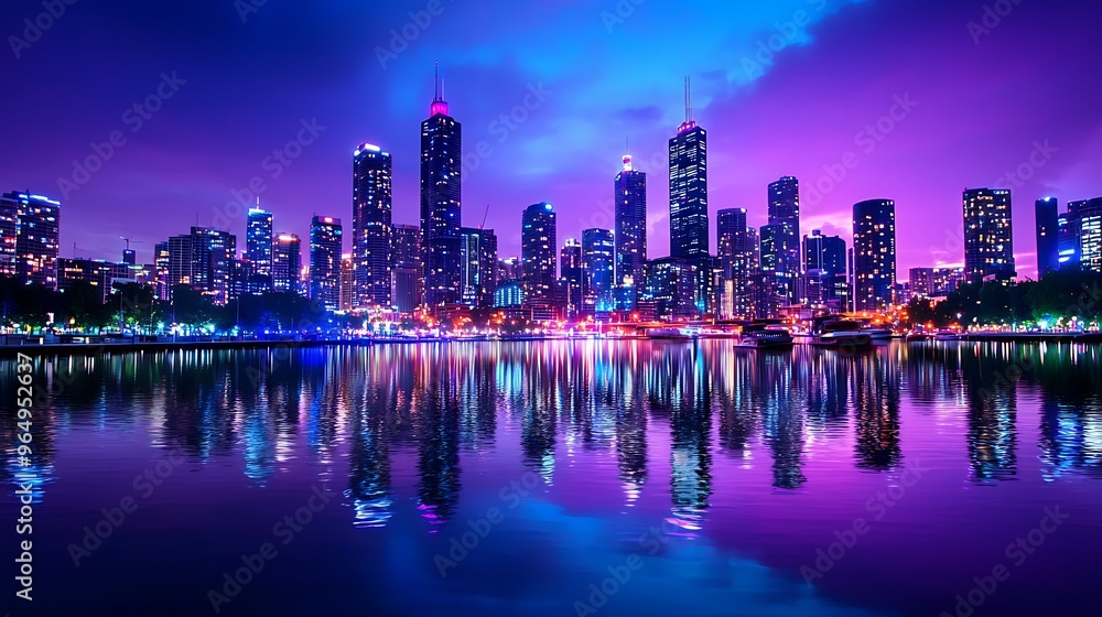 Fototapeta premium A city skyline sparkles in the night, mirrored perfectly in the calm waters below.