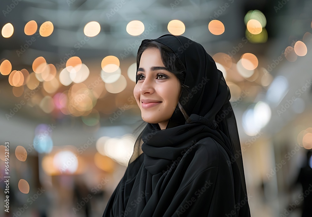 Middle Eastern young woman in shopping mall. Middle Eastern young woman in shopping mall.