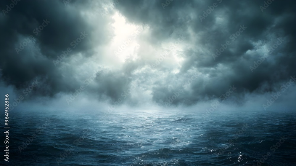 Dramatic seascape with dark clouds and mist, capturing the essence of nature's power and mystery over the ocean surface. Dramatic seascape with dark clouds and mist, capturing the essence of nature's power and mystery over the ocean surface.