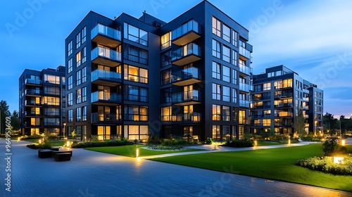 A modern apartment building with a landscaped courtyard shines at dusk.