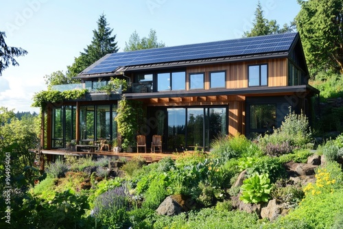 eco-friendly home with solar panels on the roof, a lush green garden with native plants, and large windows for natural light, ai