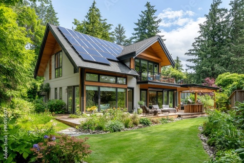 eco-friendly home with solar panels on the roof, a lush green garden with native plants, and large windows for natural light, ai