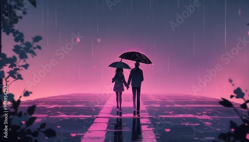 Sweet Couple Walking Under Umbrella on Wet Road, Romantic Atmosphere, 4K Lofi Valentine's