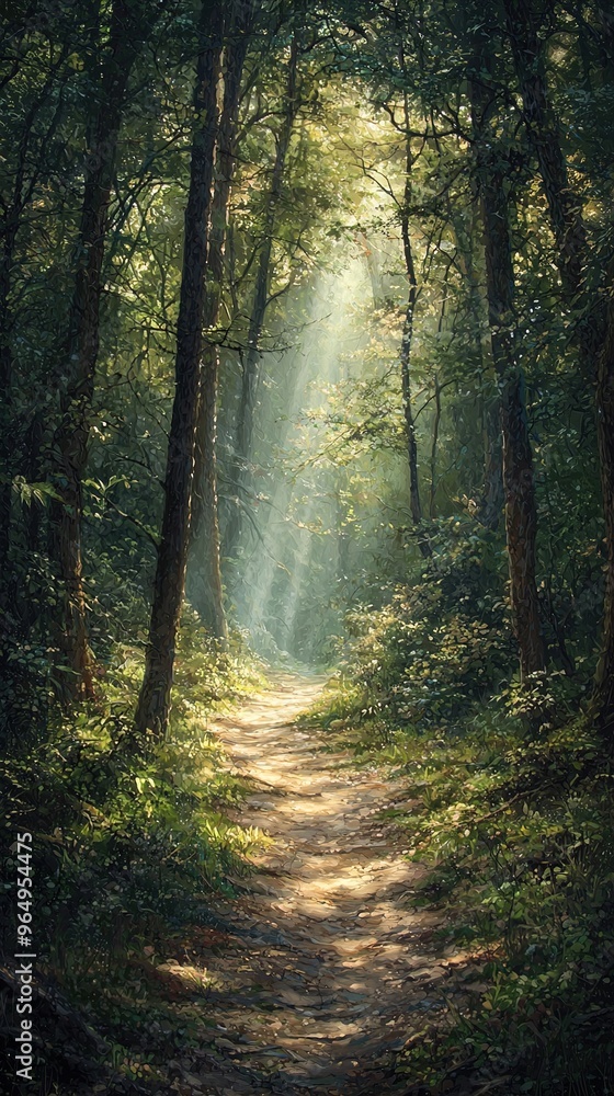 A serene forest pathway bathed in sunlight. The path, composed of earthy ground and scattered leaves, meanders through tall, slender trees. Sunlight filters through the dense canopy, casting a warm gl A serene forest pathway bathed in sunlight. The path, composed of earthy ground and scattered leaves, meanders through tall, slender trees. Sunlight filters through the dense canopy, casting a warm gl