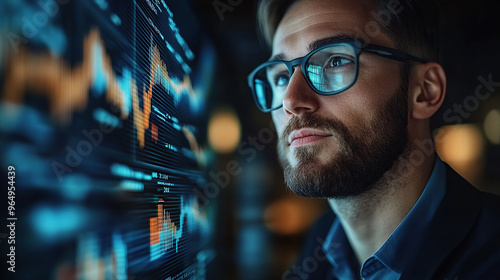 Cinematic stock photo of a financially savvy, handsome man in glasses looking at the data screen and analyzing sales growth charts on a virtual digital display with a dark background