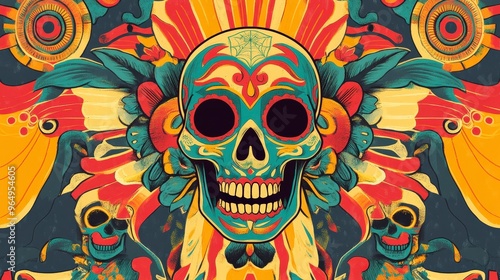 Vintage Tarot Card with Day of the Dead Skull - Retro Illustration with Vibrant Colors and Classic Motifs for Fortune Telling