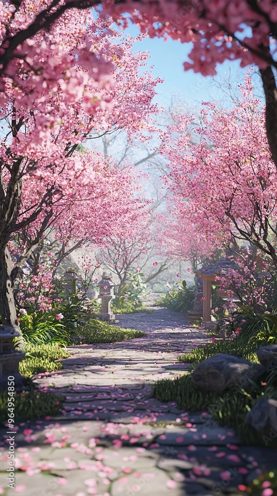 Naklejka premium A picturesque pathway is surrounded by blooming cherry blossom trees with vibrant pink flowers that create a colorful canopy. The path, made of flat stone slabs, is lined with green grass and moss. A 