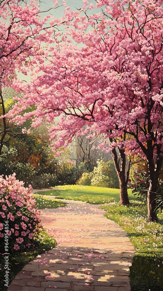 A picturesque pathway winds gently through a garden bursting with the colors of spring. Lined with lush green grass and vibrant pink cherry blossom trees, the path itself has a light brick texture and A picturesque pathway winds gently through a garden bursting with the colors of spring. Lined with lush green grass and vibrant pink cherry blossom trees, the path itself has a light brick texture and