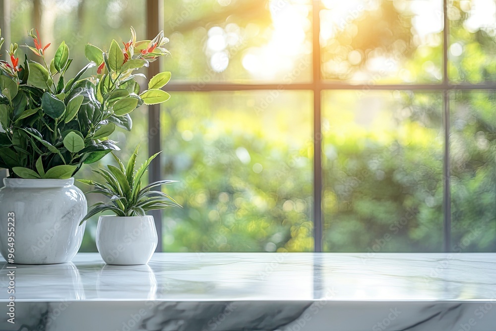 Selective focus.Elegance product display background with marble top on blur big window and fresh garden.copy space, ai Selective focus.Elegance product display background with marble top on blur big window and fresh garden.copy space, ai