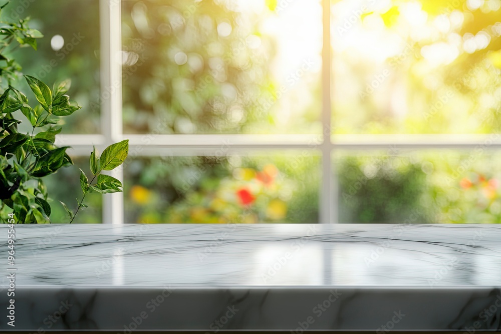 Selective focus.Elegance product display background with marble top on blur big window and fresh garden.copy space, ai