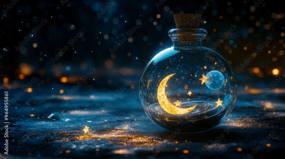 Enchanted Miniature Universe in Glass Bottle - Detailed 3D Render of Celestial Magic and Cosmic Elements Enchanted Miniature Universe in Glass Bottle - Detailed 3D Render of Celestial Magic and Cosmic Elements