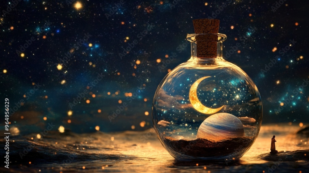 Captivating Miniature Universe Encased in Glass Bottle - Mystical Space Concept with Stars, Moon, and Planet Inside Captivating Miniature Universe Encased in Glass Bottle - Mystical Space Concept with Stars, Moon, and Planet Inside