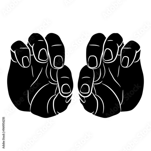 Two human hands in pinch gesture. Front view. Cartoon style. Black and white silhouette.