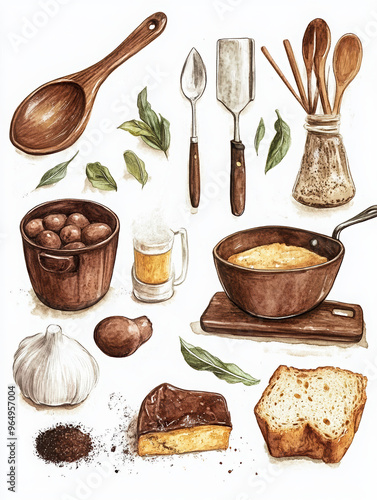 kitchen cooking utensils food ingredients wooden spoon garlic bread beer bowl pot herbs rustic culinary baking meal preparation kitchen tools food illustration 