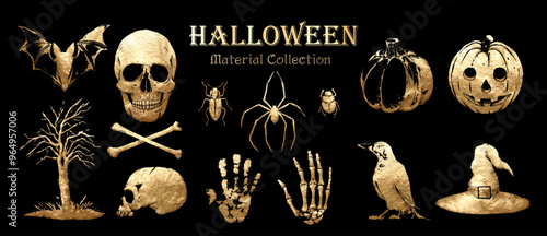 「幽冥の夜を彩る！ゴシック金箔ハロウィン素材集」/ベクター、ゴールド、手描き、水彩、イラスト