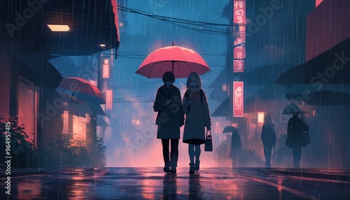 Cozy Couple Walking on Quiet Road Under Umbrella, Rain-Soaked Atmosphere, 4K Lofi Valentine's