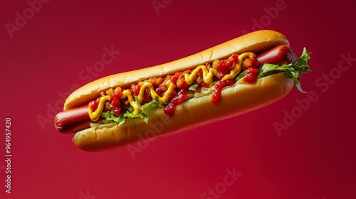 Award-winning food photo style featuring a hot dog in a dynamic, floating arrangement against a red background. The high-resolution image emphasizes the hot dog s texture and vibrant colors photo