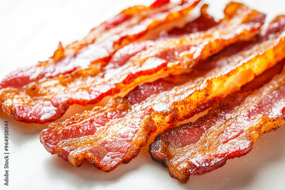 Strips of crispy fried bacon on white. Strips of crispy fried bacon on white.