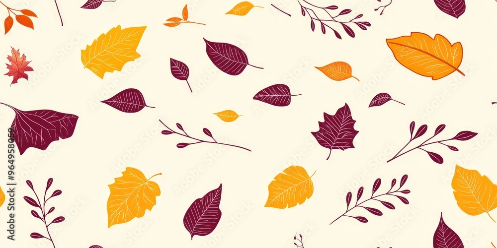 Obraz premium Autumnal bliss unfolds with a seamless pattern of earthy tones and golden leaves gently scattered across a light background, perfect for any fall-inspired design project