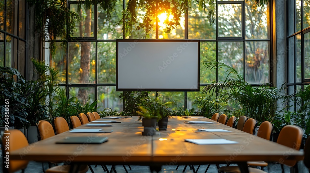 A large conference table with chairs and a projector screen in front of a large window overlooking a lush green garden.