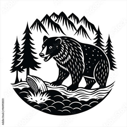 Black Silhouette of a Bear Catching Fish in a Flowing River Stream Detailed Vector Illustration on a White Background