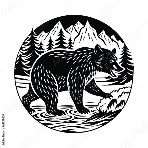 Black Silhouette of a Bear Catching Fish in a Flowing River Stream Detailed Vector Illustration on a White Background