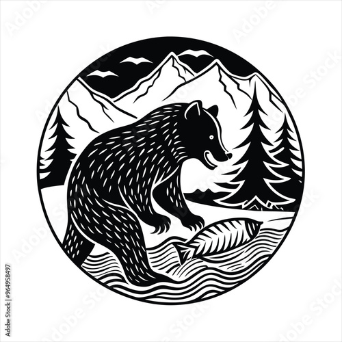 Black Silhouette of a Bear Catching Fish in a Flowing River Stream Detailed Vector Illustration on a White Background