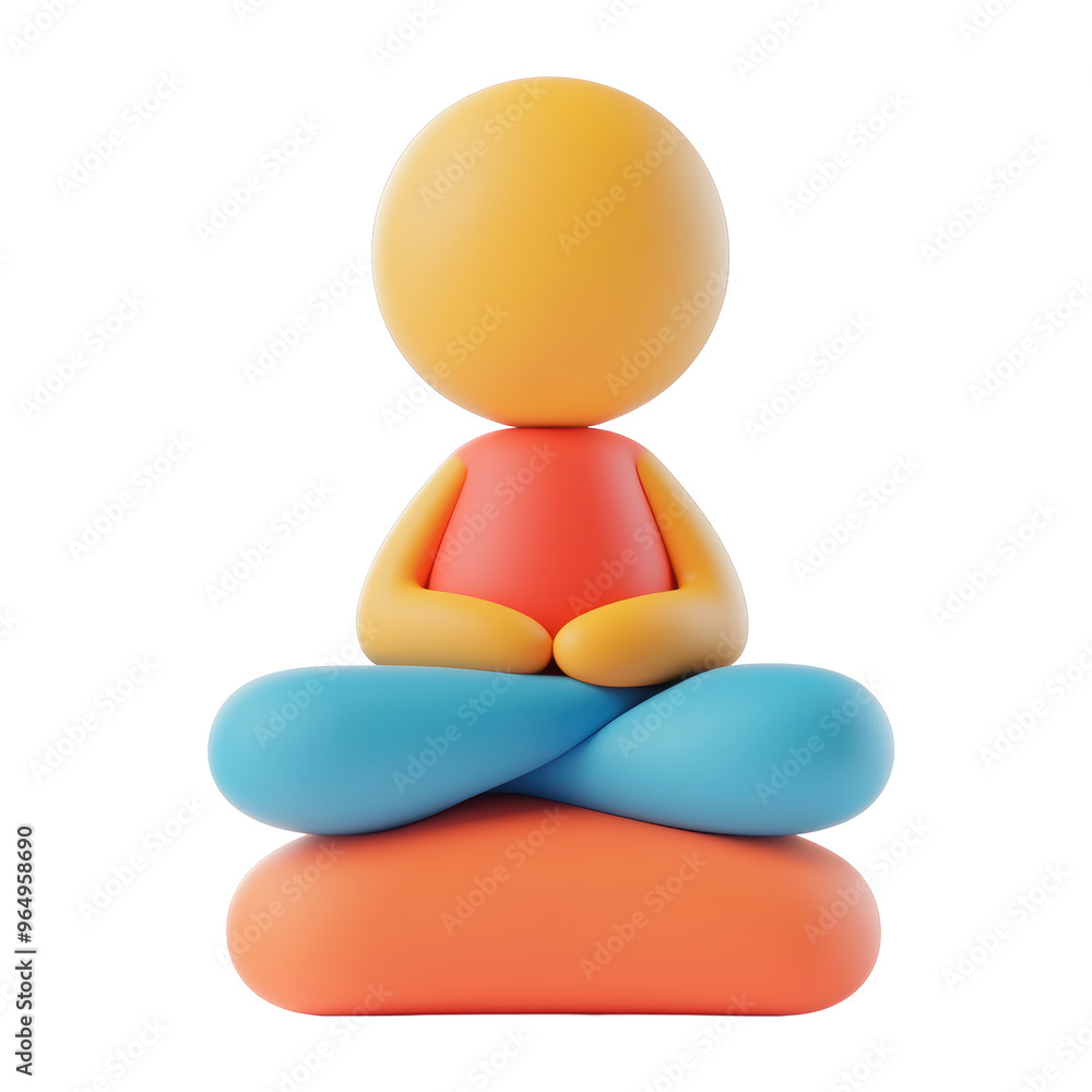 A cartoon figure is sitting on a cushion with a blue and orange cushion A cartoon figure is sitting on a cushion with a blue and orange cushion