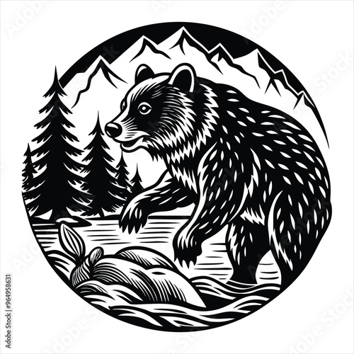 Black Silhouette of a Bear Catching Fish in a Flowing River Stream Detailed Vector Illustration on a White Background