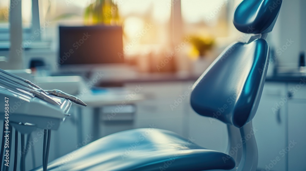 Modern dental office with close-up of empty dental chair and background of dental equipment. Medical and health topics concept. Modern dental office with close-up of empty dental chair and background of dental equipment. Medical and health topics concept.