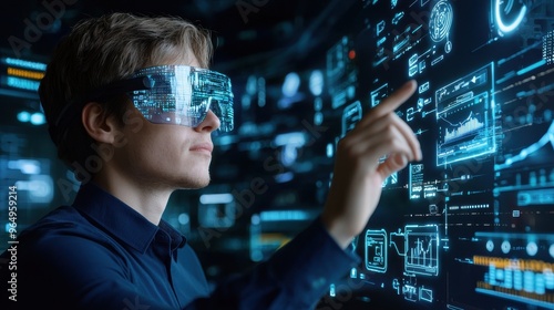 Man Using Virtual Reality Glasses with Futuristic Interface and Data Visualization