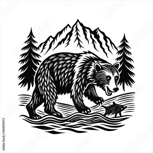 Black Silhouette of a Bear Catching Fish in a Flowing River Stream Detailed Vector Illustration on a White Background